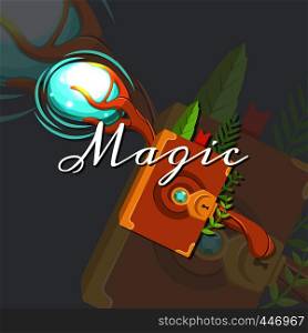Vector fantasy cartoon style game design medieval crossed magic staff and spellbook elements with lettering and shadows. Staff rod and book with spell, magical and witchcraft illustration. Vector fantasy cartoon style game design medieval crossed magic staff and spellbook elements with lettering and shadows