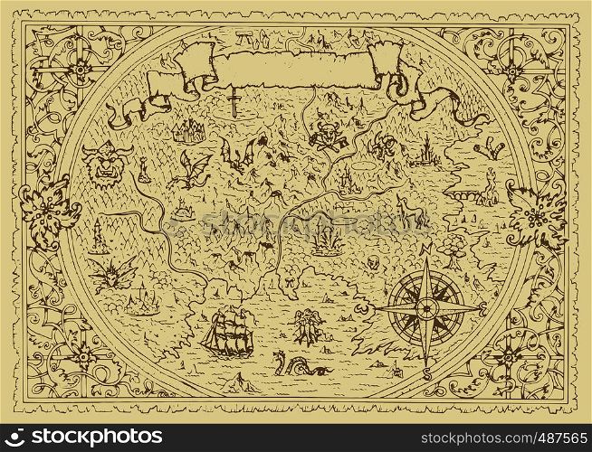 Vector fantasy map with baroque decorative frame and mythology creatures. Hand drawn graphic illustration, old transportation background in vintage style
