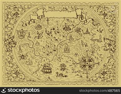 Vector fantasy map with baroque decorative frame and mythology creatures. Hand drawn graphic illustration, old transportation background in vintage style
