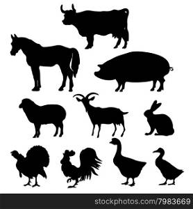 Vector Farm Animals Silhouettes Isolated on White Background. Vector illustration.
