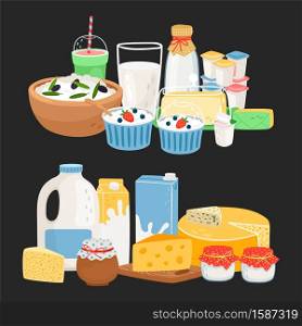 Vector farm dairy products. Fresh homemade cheese, yogurt, milk, cream illustration. Farm dairy products