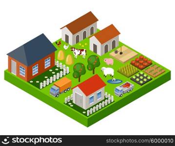 Vector farm toy blocks isometric set. Isolated. Farm buildings and transport