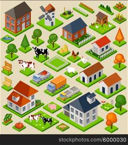 Vector farm toy blocks isometric set. Isolated. Farm buildings and transport
