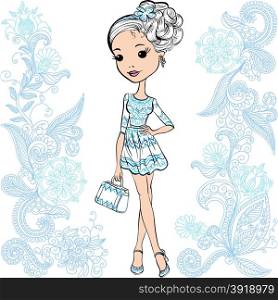 Vector fashion cute happy girl. Cute smiling fashion baby girl in summer white and blue dress with bag