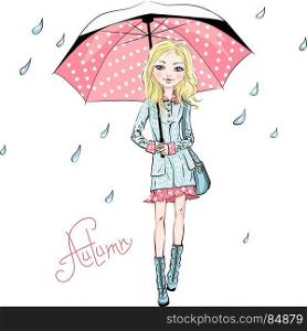 Vector fashion girl in autumn clothes. Vector beautiful fashion girl in autumn clothes, boots, coat and skirt with bag and red umbrella