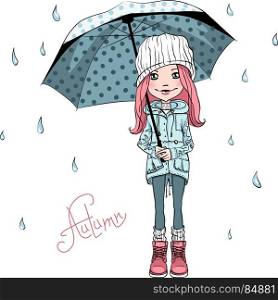 Vector fashion girl in autumn clothes. Vector beautiful fashion girl in autumn clothes, hat, boots and jacket with umbrella