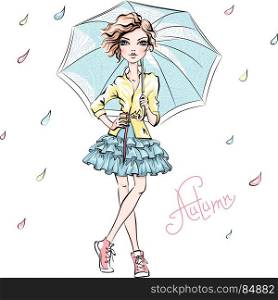 Vector fashion girl in autumn clothes. Vector beautiful fashion girl in autumn clothes, sneakers, jacket and skirt with umbrella