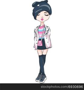 Vector fashion girl in autumn clothes. Vector beautiful fashion hipster girl in autumn clothes, sneakers, jacket and skirt with bag