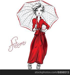 Vector fashion girl in autumn clothes. Vector beautiful fashion hipster girl top model in autumn clothes, red jacket and skirt with umbrella