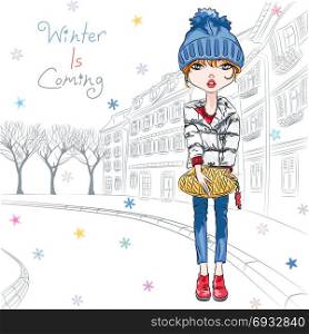 Vector fashion girl in winter clothes in old town. Vector beautiful fashion hipster girl in winter clothes, sneakers, jacket and hat with bag in the Old Town