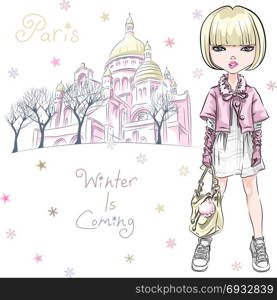 Vector fashion girl in winter clothes in Paris. Vector beautiful fashion hipster girl in winter clothes, sneakers, jacket and skirt with bag in front of Sacre Coeur in Paris