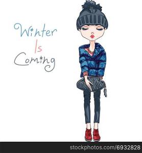 Vector fashion girl in winter clothes. Vector beautiful fashion hipster girl in winter clothes, sneakers, jacket and hat with bag