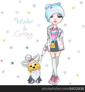 Vector fashion girl with dog. Vector beautiful fashion hipster girl in winter clothes, sneakers, jacket and skirt with cute dog Yorkshire terrier
