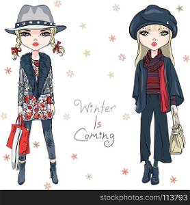 Vector fashion girls in winter clothes. Vector beautiful fashion hipster girls in winter clothes, sneakers, jacket and hat with bag