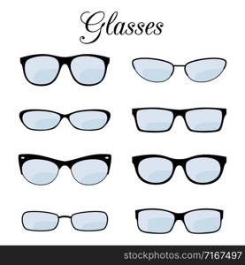 Vector fashion glasses of set isolated on white. Glasses for eyesight, eyeglasses lens illustration. Vector fashion glasses of set isolated on white