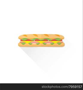 vector fast food baguette sandwich ham bacon lettuce tomato cheese flat design isolated illustration on white background with shadow &#xA;