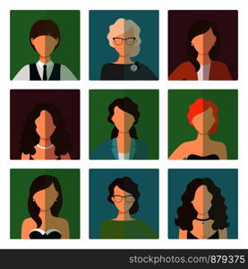 Vector female avatar icons set in office work style. Female avatars set in office style