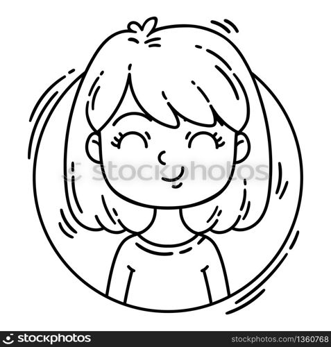 Vector female character in cartoon style. Avatar girl in a circle. Black and white vector illustration isolated on white background. Character for web.