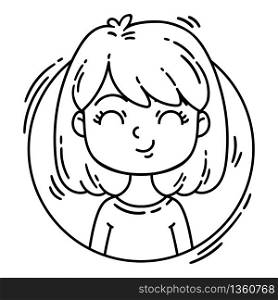 Vector female character in cartoon style. Avatar girl in a circle. Black and white vector illustration isolated on white background. Character for web.