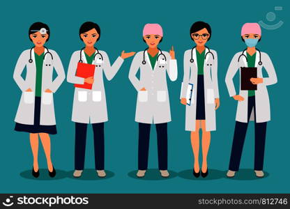 Vector female doctor or smiling woman pharmacist poses isolated on background. Smiling female doctor
