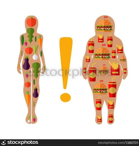 Vector female silhouette with fast food and vegetables. Illustration of a healthy lifestyle. Healthy lifestyle and bad habits, a healthy diet and daily routine. Choice of girls: fat or slim. . Healthy lifestyle and bad habits, a healthy diet and daily routine. Choice of girls: fat or slim.