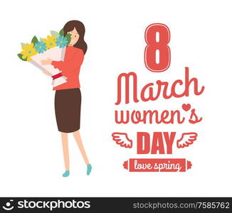 Vector female with blooming celebrate international spring holiday. 8 march womens day greetings and business woman in blouse and skirt with bouquet of flowers. 8 March Vector Female with Bloomings, Celebration