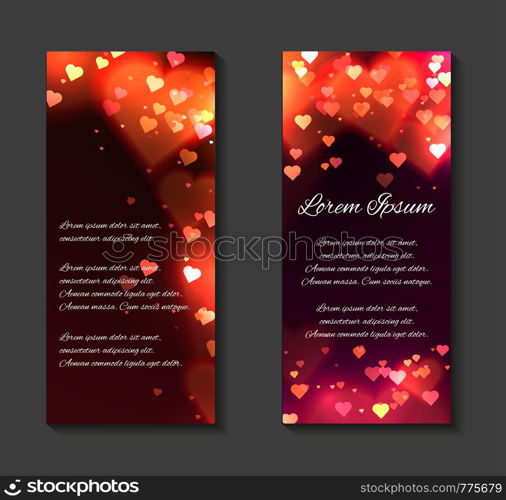 Vector festive leaflets, flyers, brochure template with luxurious glowing red hearts, sparks and place for text for your design. . Vector festive leaflets, flyers, brochure template