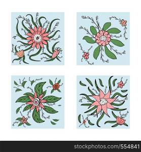 Vector field flowers and leaves compositions. Set of hand drawn style illustrations.