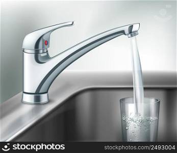 Vector filling glass of water from stainless steel kitchen faucet. Filling glass of water