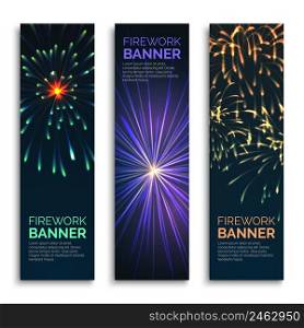Vector fireworks vertical banners set. Card celebration, explosion and happy carnival illustration. Fireworks vertical banners vector set