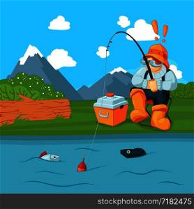 Vector fisherman with fishing road catching a fish on mountain landscape bacgkround concept illustration. Man fisher catch in river or lake, hobby sport summer. Vector fisherman with fishing road catching a fish on mountain landscape bacgkround concept illustration