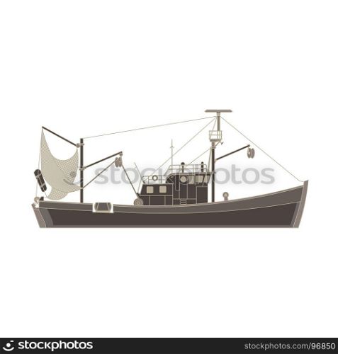 Vector fishing boat flat icon isolated. Vessel ship cargo illustration side view. Black catch commercial container cruise design. Industrial sea ship silhouette transport travel. Water transportation.