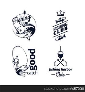 Vector fishing club emblems. River fish catching logo set with perch and fisherman. Vector fishing club emblems
