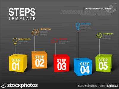 Vector five steps progress infographic template made from colorful cubes and icons - dark background version