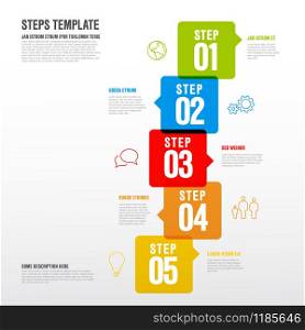 Vector five steps progress infographic vertical template made from arrow bubbles and icons. Vector five steps template