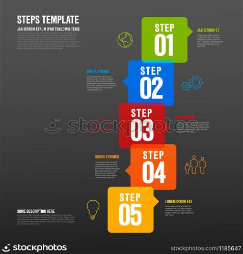 Vector five steps progress infographic vertical template made from arrow bubbles and icons - dark version