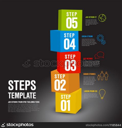 Vector five steps progress infographic vertical template made from colorful cubes and icons - dark version