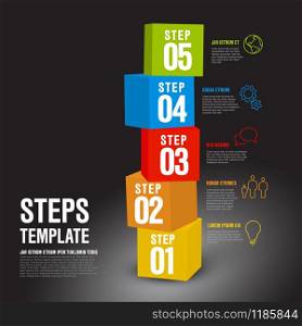 Vector five steps progress infographic vertical template made from colorful cubes and icons - dark version