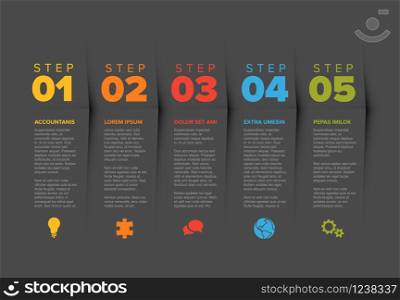 Vector five steps progress template with descriptions and icons - dark version