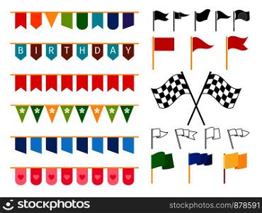 Vector flag garlands and start and finish flags for invitation card design, carnival bright cordage and child adornments isolated on white background. Flag and garlands for invitation card
