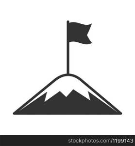 Vector flag icon on top of a mountain. A flat silhouette is isolated on a white background for websites, apps, and theme design of achievement, victory, or success.