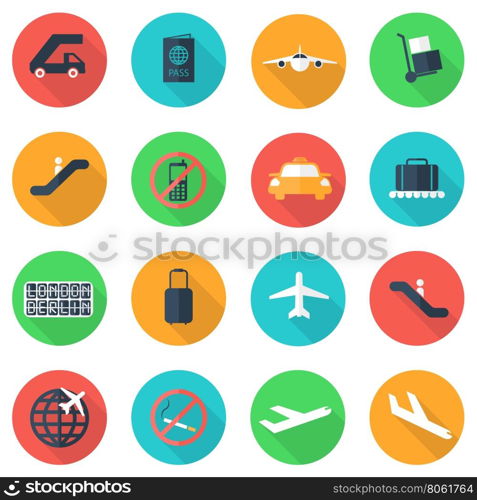 Vector flat airport icons set on color background. Airport and airlines services. Long shadow. Airport Icon Object, Airport Icon Picture, Airport Icon Image, Airport Icon Graphic - stock vector