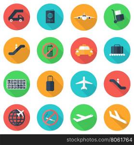 Vector flat airport icons set on color background. Airport and airlines services. Long shadow. Airport Icon Object, Airport Icon Picture, Airport Icon Image, Airport Icon Graphic - stock vector