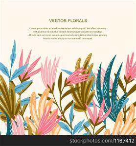 Vector flat background with trendy simple flowers for decoration card design. Summer landscape modern template.