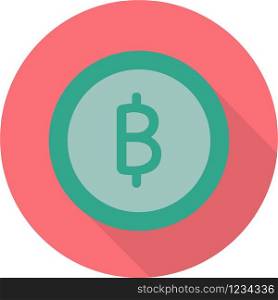 Vector flat baht coin icon, isolated on a pink background.