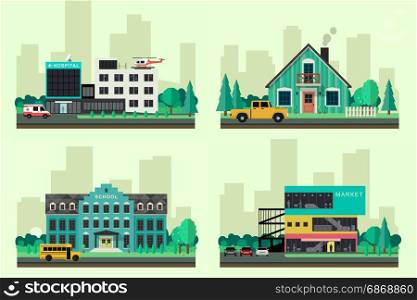 Vector flat buildings.. Vector flat buildings. Simple illustrations of house, hospital, market and school.