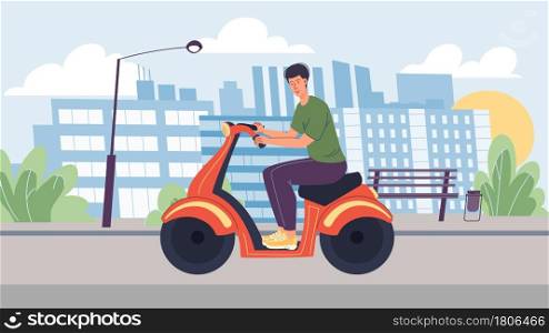 Vector flat cartoon boy character rides scooter on road.Young stylish happy man riding small motorbike on city background-web online banner design,life scene,social story concept. Flat cartoon character rides scooter,vector illustration concept