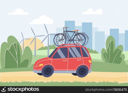 Vector flat cartoon car with bicycles on its roof.Red support vehicle carries bikes for athletes in city park-web online banner design.Healthy lifestyle,sporty life scene,social story concept. Flat cartoon car carries bicycles on its roof,vector illustration concept