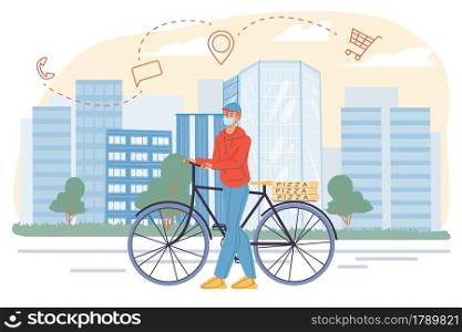 Vector flat cartoon character-delivery man on bike delivering pizza to customer in viral infection pandemic.Coronavirus covid protection measures-online ordering,wearing face mask,medical concept. Flat cartoon character,workflow of order delivery service during pandemic time,vector illustration concept