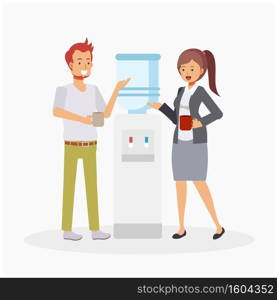 Vector Flat Cartoon Character Illustration of Office Colleagues Talking To Each Other at Water Cooler in office. Water Cooler Gossip.Communicating.